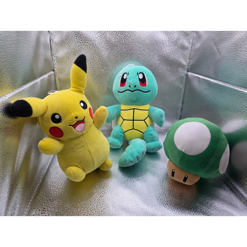 Pokemon Pikachu Squirtle and Super Mario Green Mushroom Plush Lot 3pc Bundle